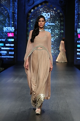 Gold Cape With Blouse & Dhoti Pants by Rabani & Rakha