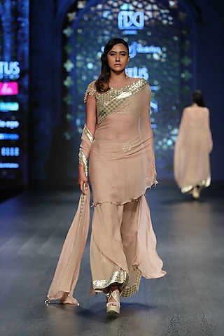 Gold Foil & Chiffon Draped Pant Saree Ser by Rabani & Rakha