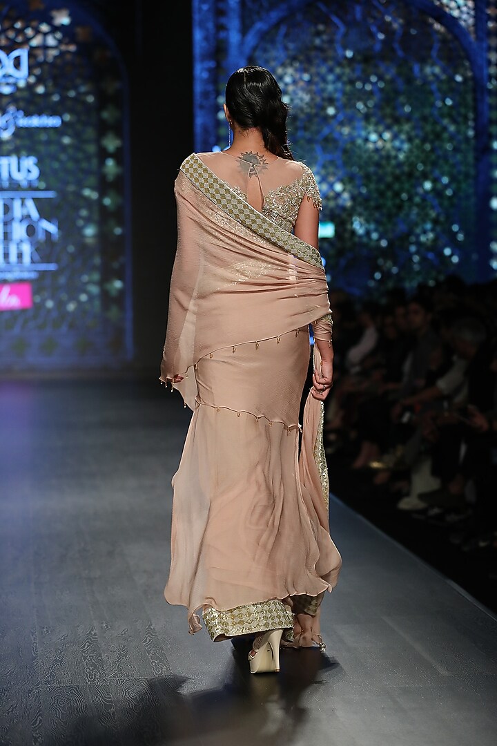 Gold Foil & Chiffon Draped Pant Wedding Saree Ser by Rabani & Rakha at Pernia's Pop Up Shop