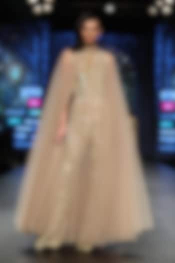 Gold Embroidered Jumpsuit With Cape by Rabani & Rakha