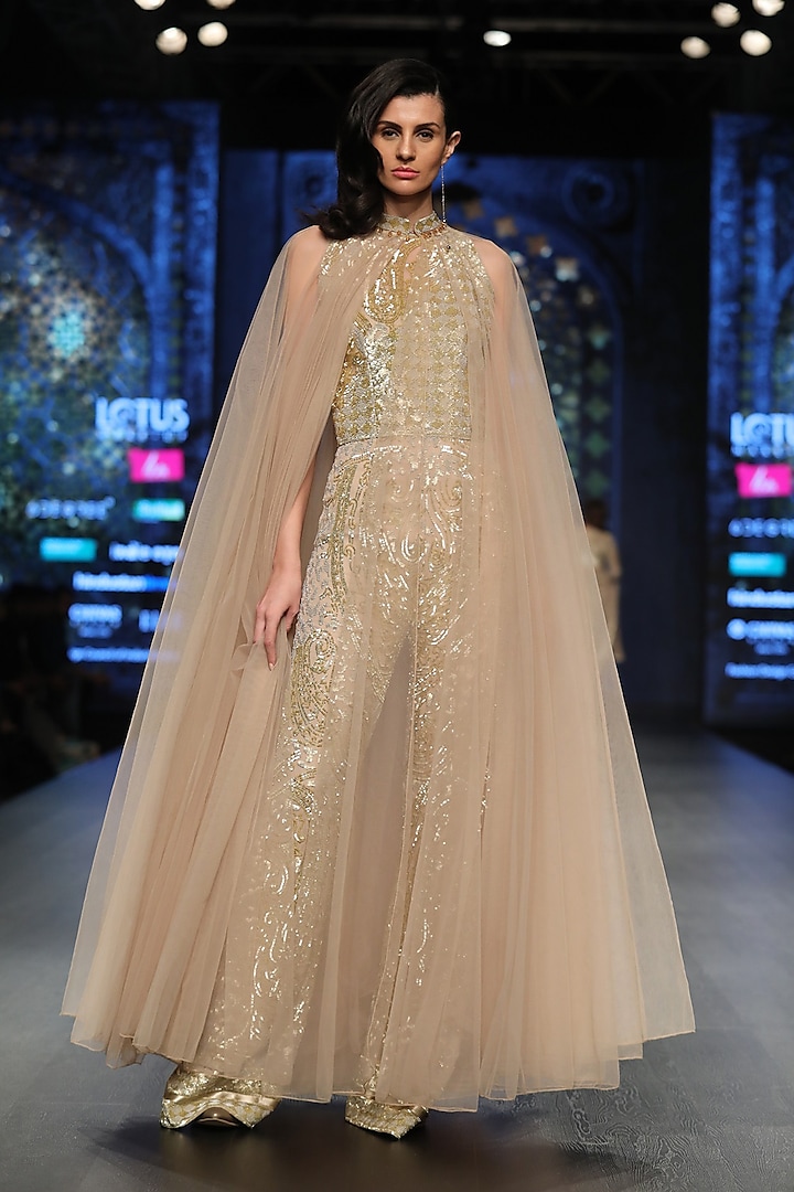 Gold Embroidered Jumpsuit With Cape by Rabani & Rakha