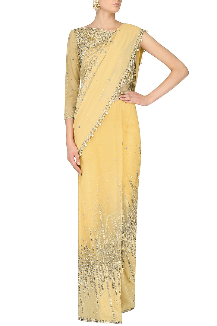 Honey beads embroidered saree set available only at Pernia's Pop Up Shop.