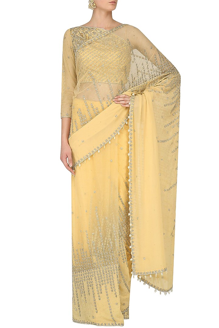 Honey beads embroidered saree set available only at Pernia's Pop Up Shop.