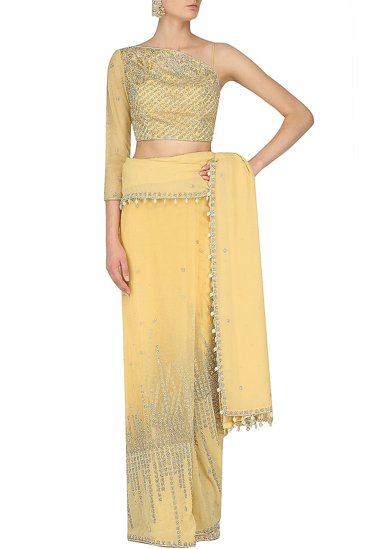Honey beads embroidered saree set available only at Pernia's Pop Up Shop.