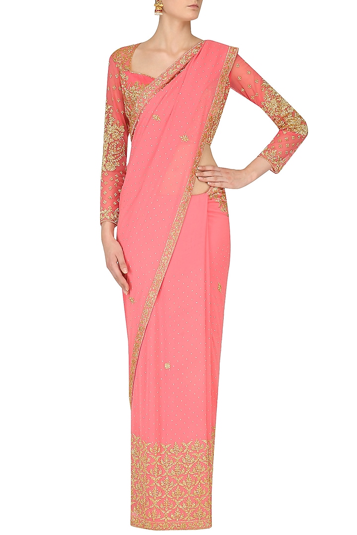 Rose pink floral embroidered saree set available only at Pernia's Pop Up Shop.