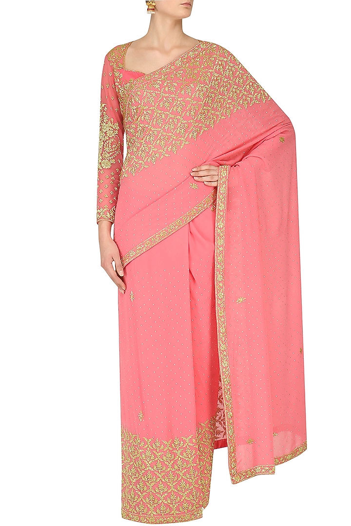 Rose pink floral embroidered saree set available only at Pernia's Pop Up Shop.