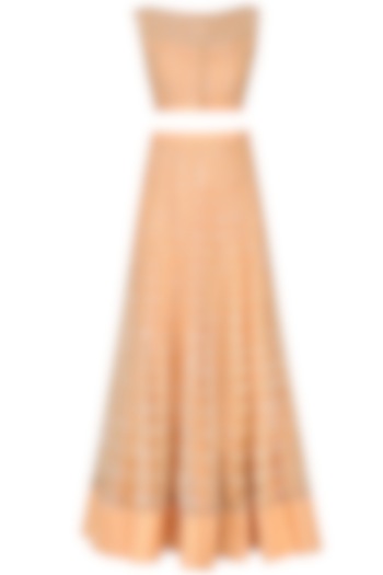 Peach Sequinned Crop Top and Skirt Set by Rabani & Rakha