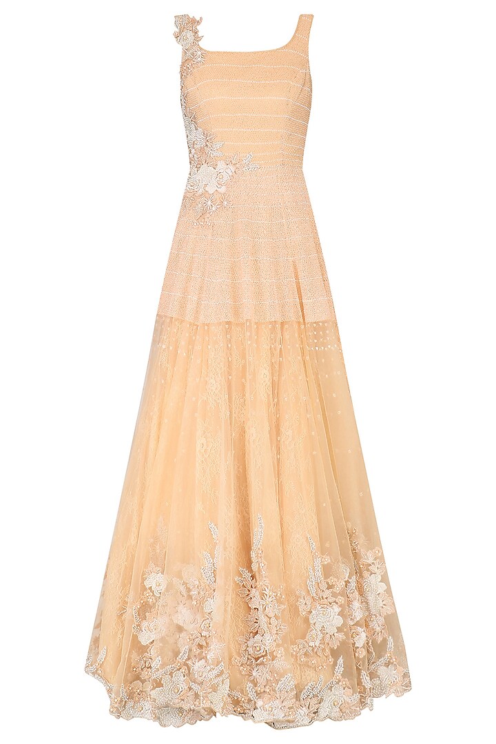 Peach Floral Embroidered Flared Gown by Rabani & Rakha