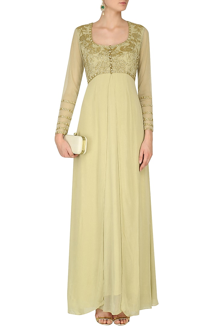 Beige floral embroidered shimmer gown available only at Pernia's Pop Up Shop.