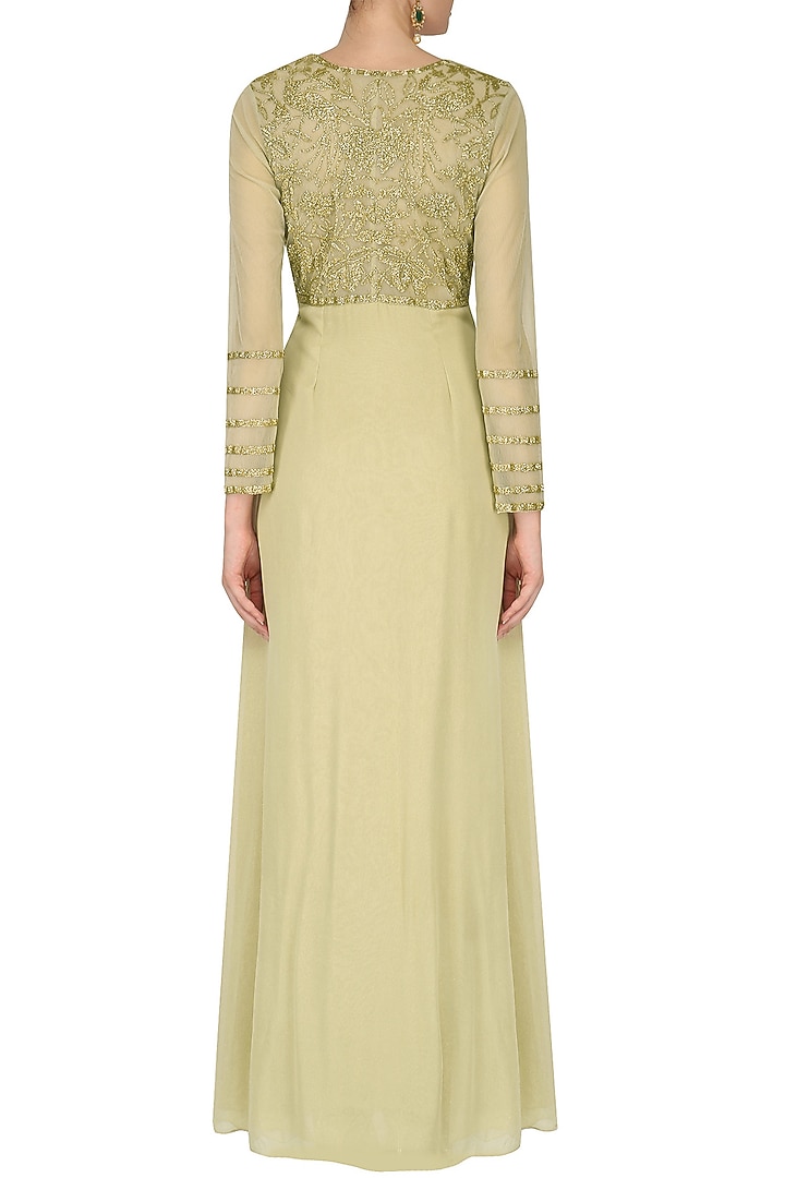 Beige floral embroidered shimmer gown available only at Pernia's Pop Up Shop.