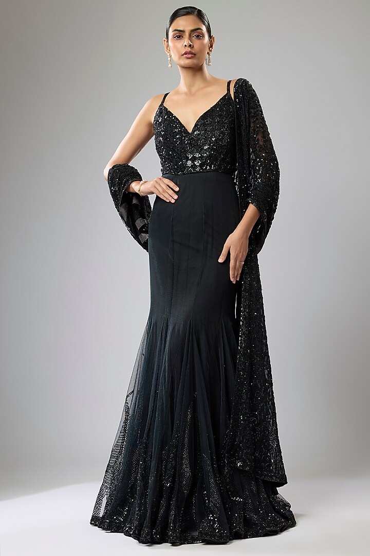 Black Net Hand Embroidered Bridal Gown With Drape by Rabani & Rakha at Pernia's Pop Up Shop