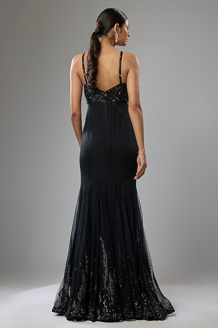 Black Net Hand Embroidered Bridal Gown With Drape by Rabani & Rakha at Pernia's Pop Up Shop