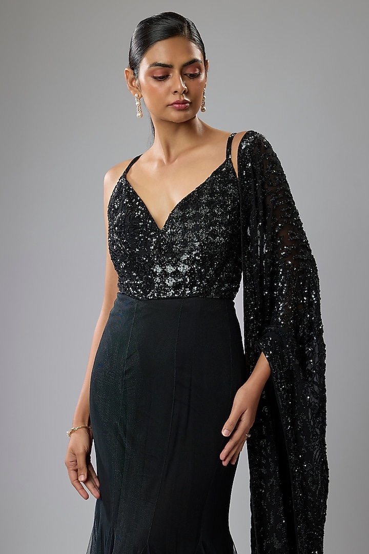 Black Net Hand Embroidered Bridal Gown With Drape by Rabani & Rakha at Pernia's Pop Up Shop