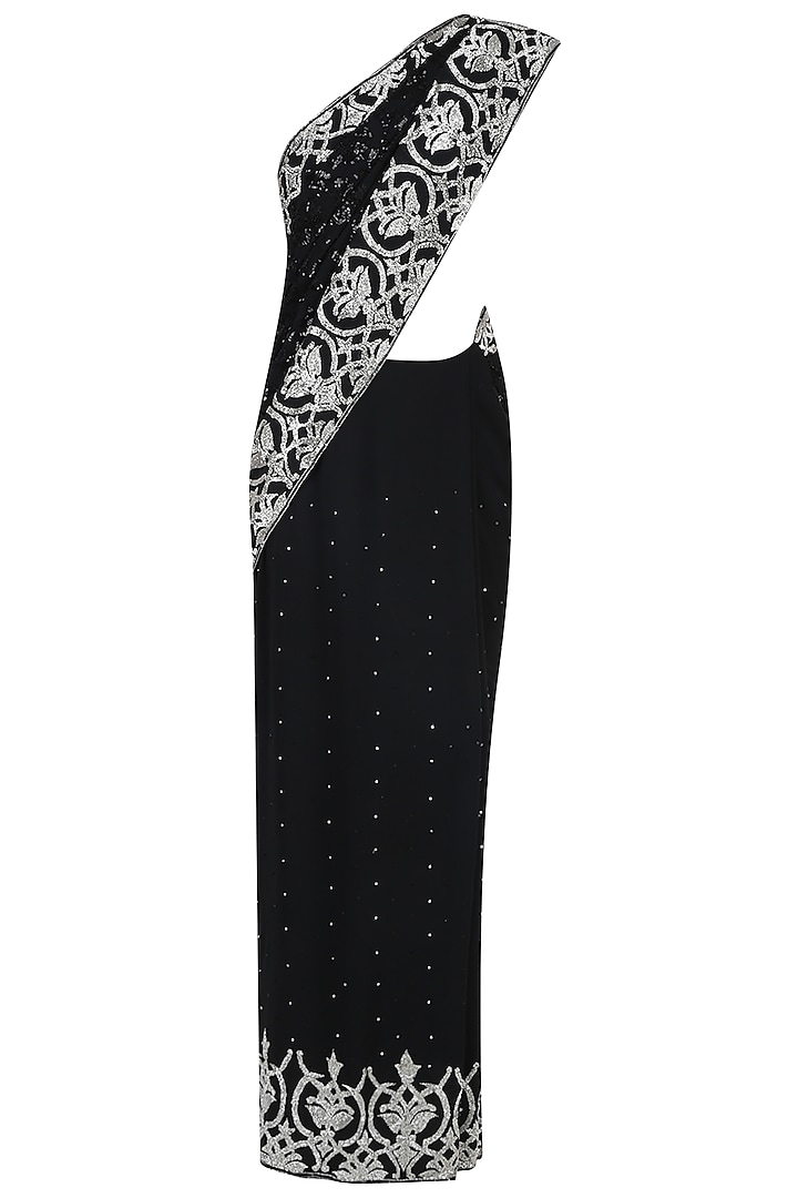 Black Georgette Bugle Bead Embroidered Saree Set by Rabani & Rakha