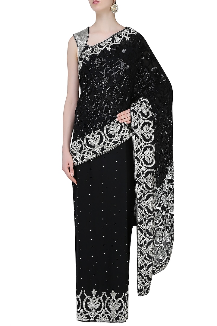 Black embroidered saree with matching blouse available only at Pernia's Pop Up Shop.
