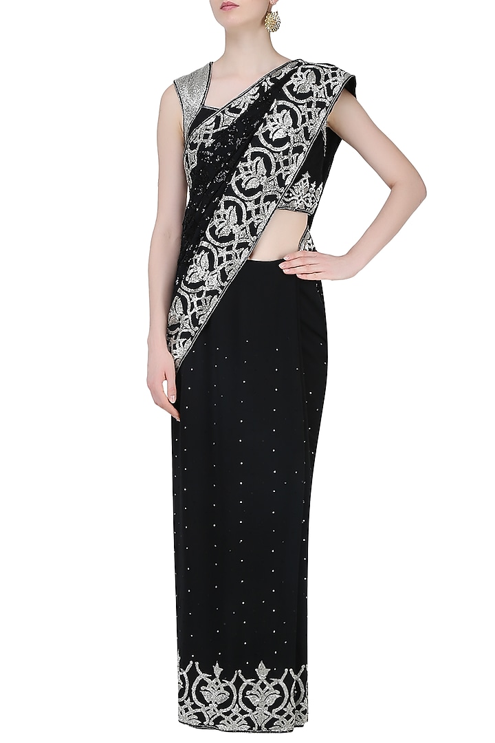 Black embroidered saree with matching blouse available only at Pernia's Pop Up Shop.