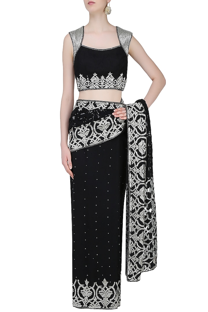 Black embroidered saree with matching blouse available only at Pernia's Pop Up Shop.