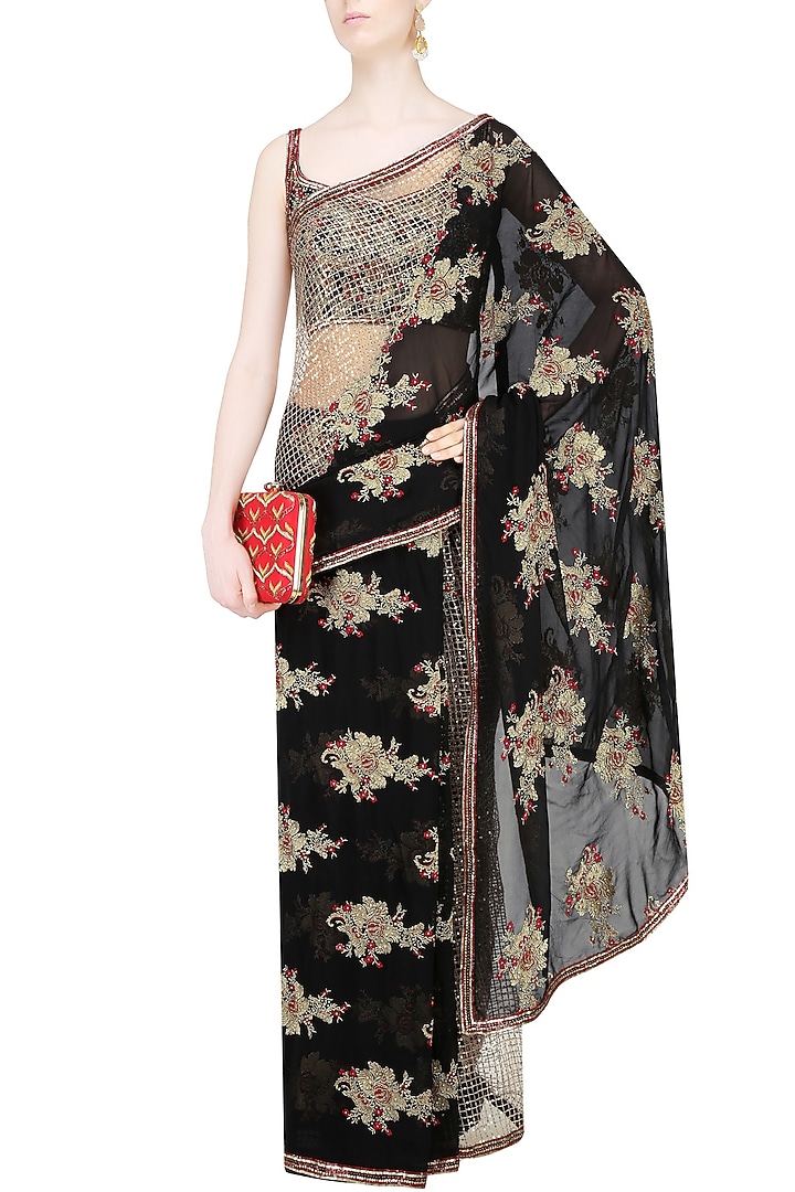 Black floral embroidered mesh saree with sequinned blouse available only at Pernia's Pop Up Shop.