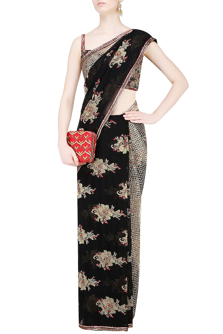 Black floral embroidered mesh saree with sequinned blouse available only at Pernia's Pop Up Shop.