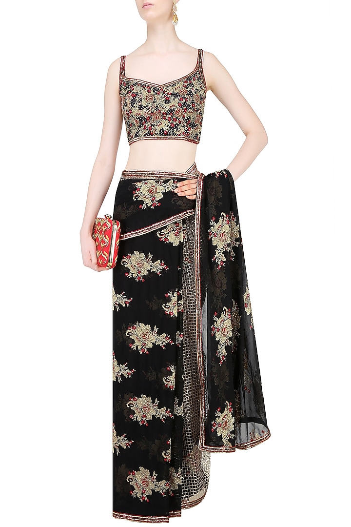 Black floral embroidered mesh saree with sequinned blouse available only at Pernia's Pop Up Shop.