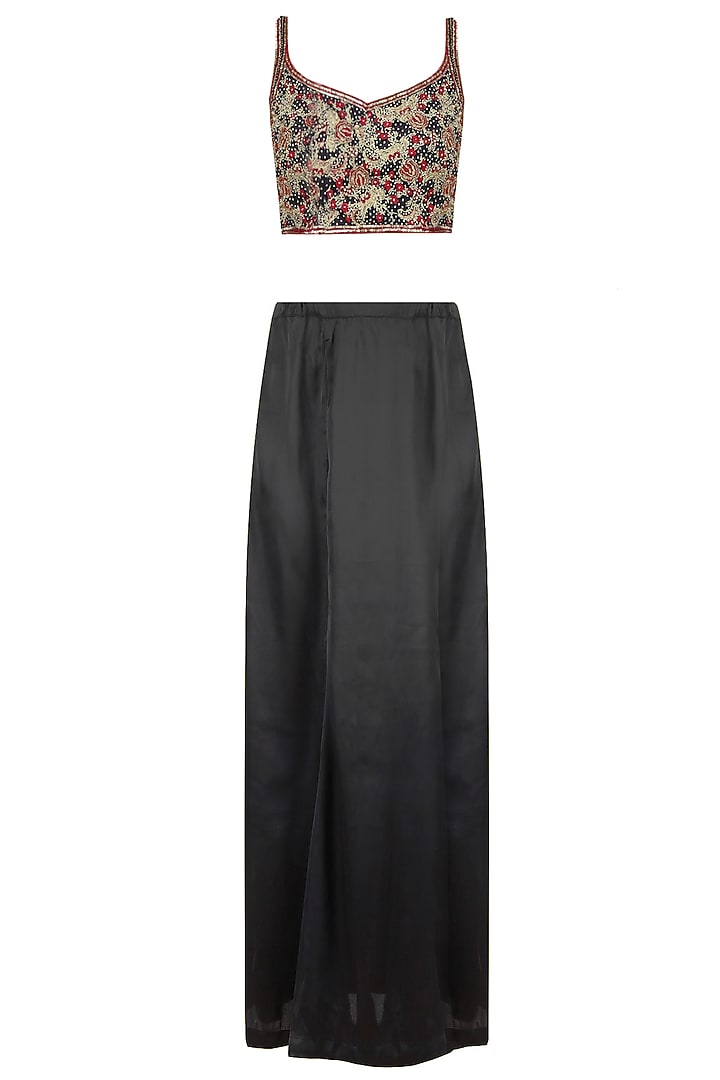 Black floral embroidered mesh saree with sequinned blouse available only at Pernia's Pop Up Shop.
