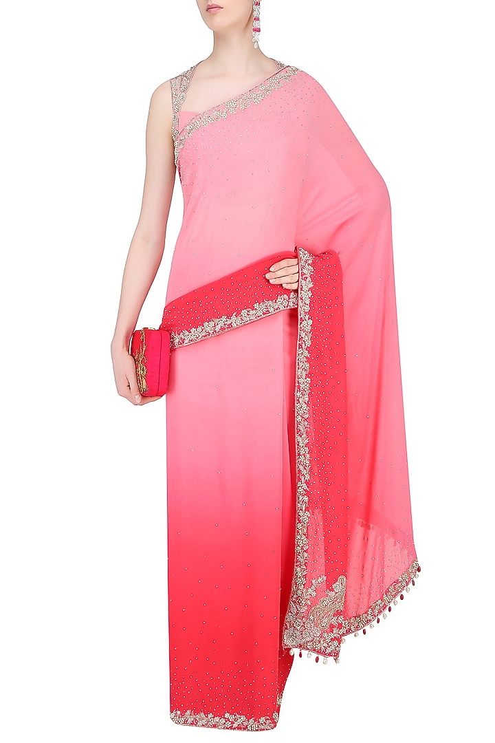 Pink floral embroidered saree with blouse available only at Pernia's Pop Up Shop.