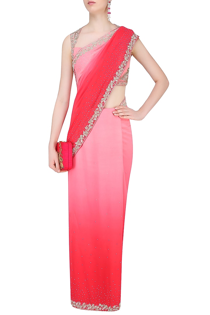 Pink floral embroidered saree with blouse available only at Pernia's Pop Up Shop.