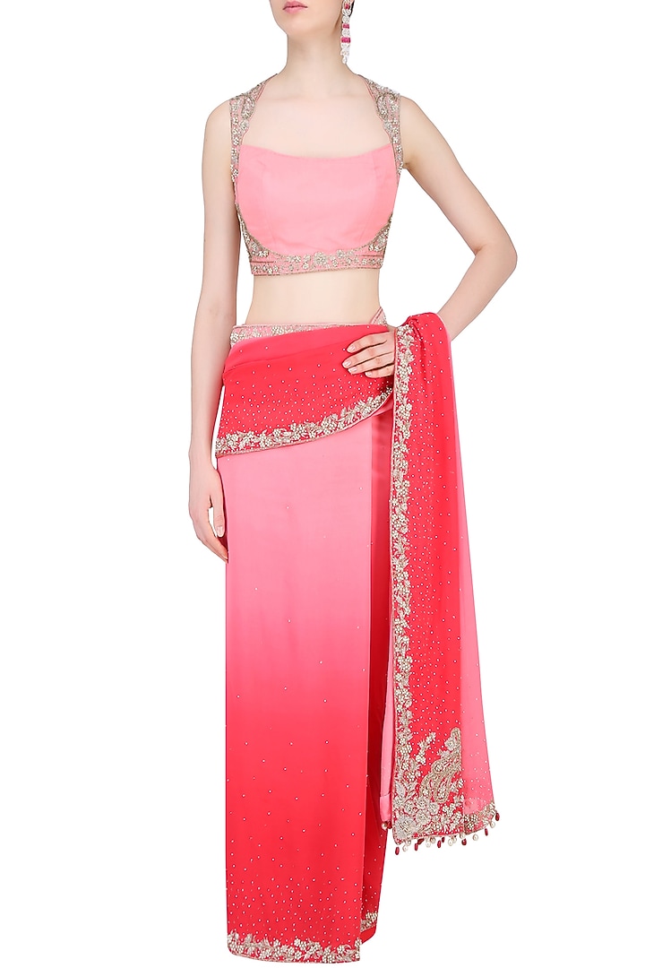 Pink floral embroidered saree with blouse available only at Pernia's Pop Up Shop.