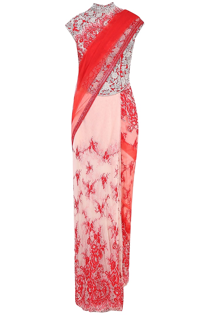 Red and Peach Floral Embroidered Saree with High Neck Blouse by Rabani & Rakha
