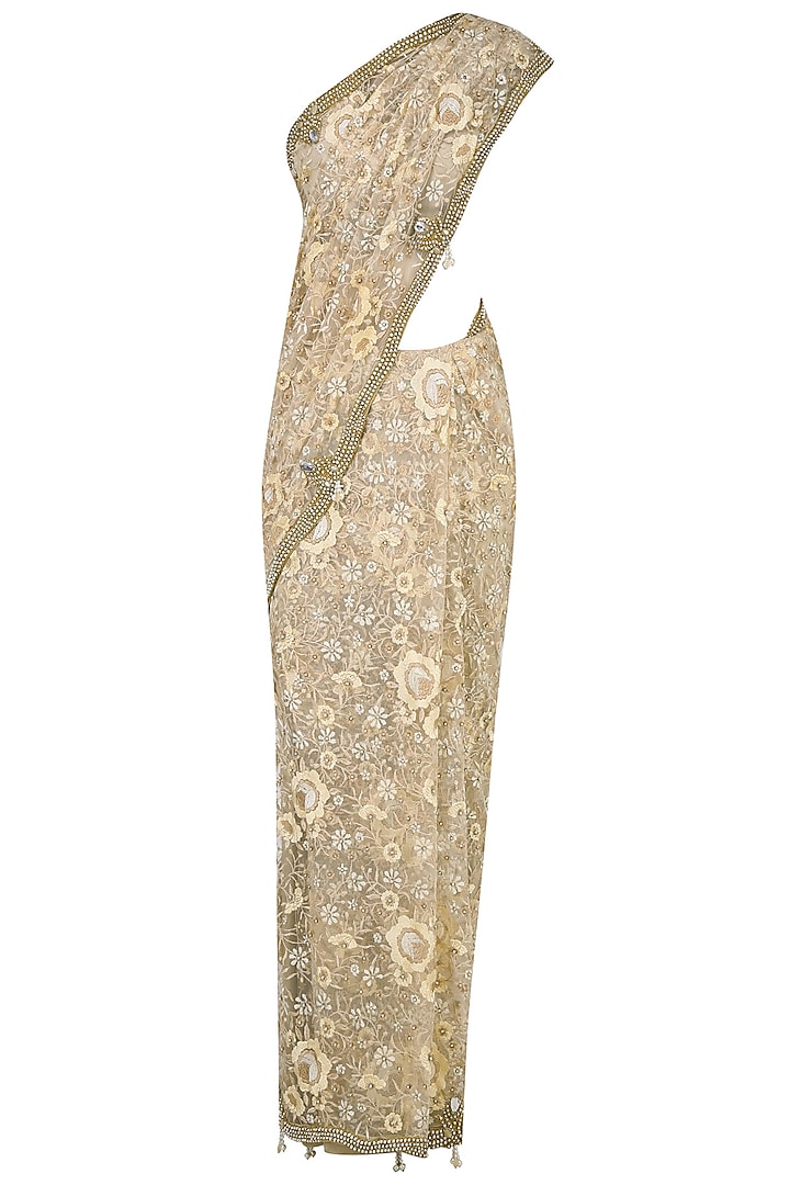 Nude and Beige Floral Embroidered Saree with Jewel Neck Blouse by Rabani & Rakha