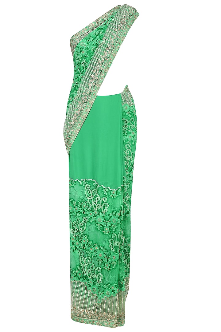 Green Floral Embroidered Saree with Sequinned Blouse by Rabani & Rakha