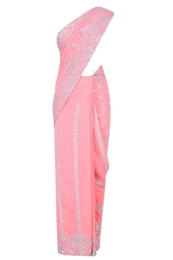 Rose Pink Georgette Floral Embroidered Saree by Rabani & Rakha
