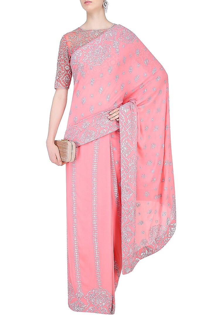 Rose pink floral embroidered saree with blouse available only at Pernia's Pop Up Shop.