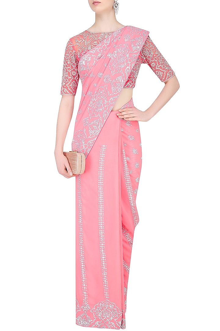 Rose pink floral embroidered saree with blouse available only at Pernia's Pop Up Shop.