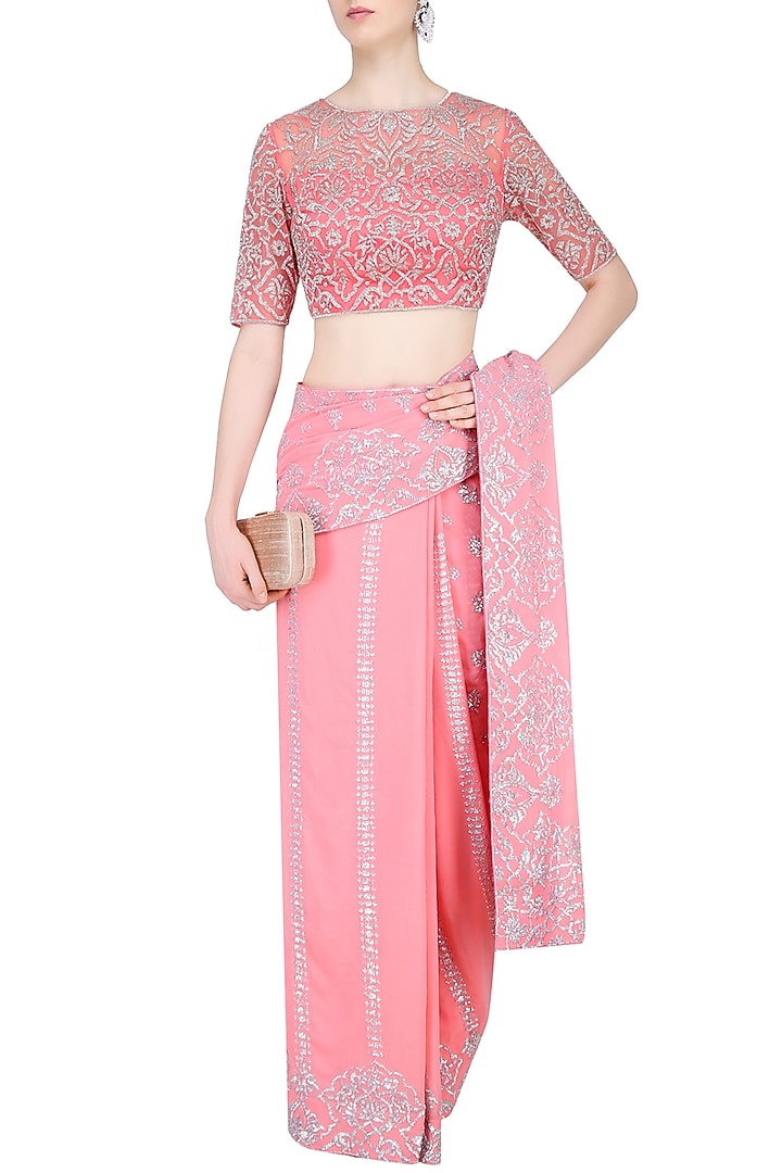 Rose pink floral embroidered saree with blouse available only at Pernia's Pop Up Shop.