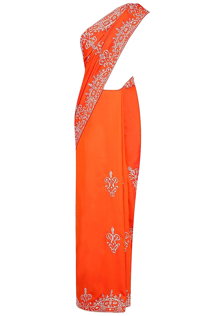 Orange Sequins Embellished Saree with Blouse by Rabani & Rakha