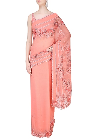 Peach Rosette Embroidered Saree with Blouse by Rabani & Rakha