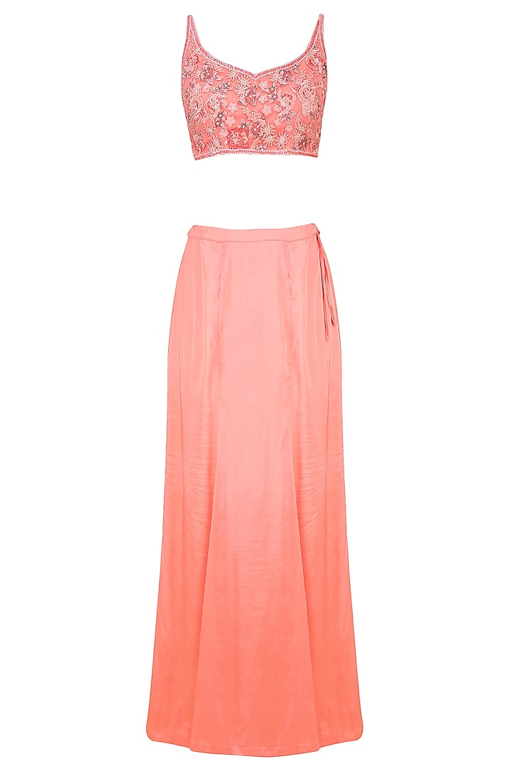 Peach rosette embroidered saree with blouse available only at Pernia's Pop Up Shop.
