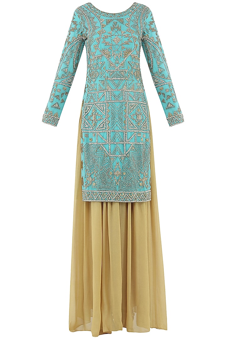 Turquoise and Beige Embroidered Sharara Pants Set by Rabani & Rakha