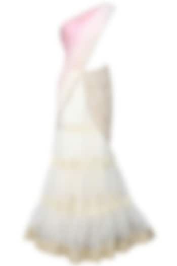 Ivory and pink fully embroidered net tier lehenga saree available only at Pernia's Pop Up Shop.