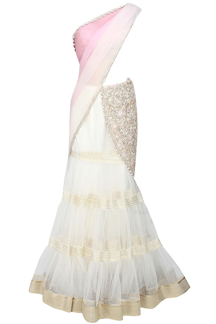 Ivory and pink fully embroidered net tier lehenga saree available only at Pernia's Pop Up Shop.