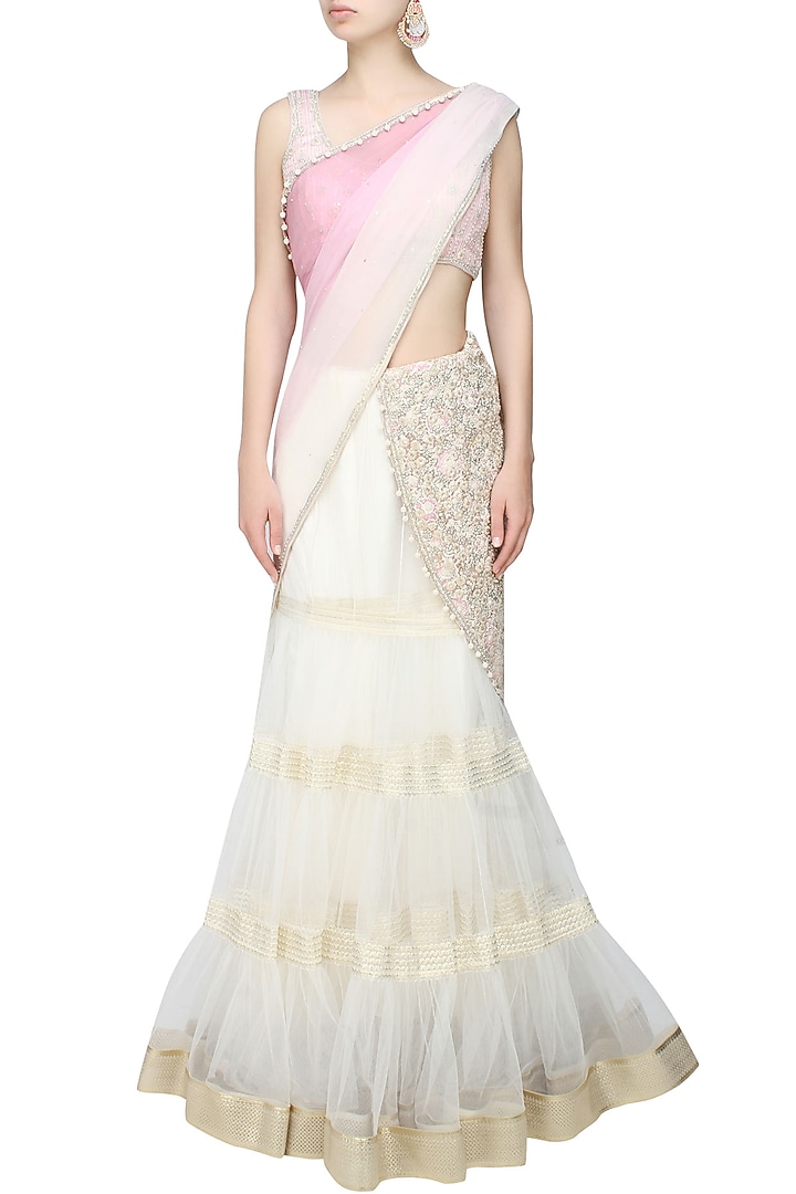 Ivory and pink fully embroidered net tier lehenga saree available only at Pernia's Pop Up Shop.