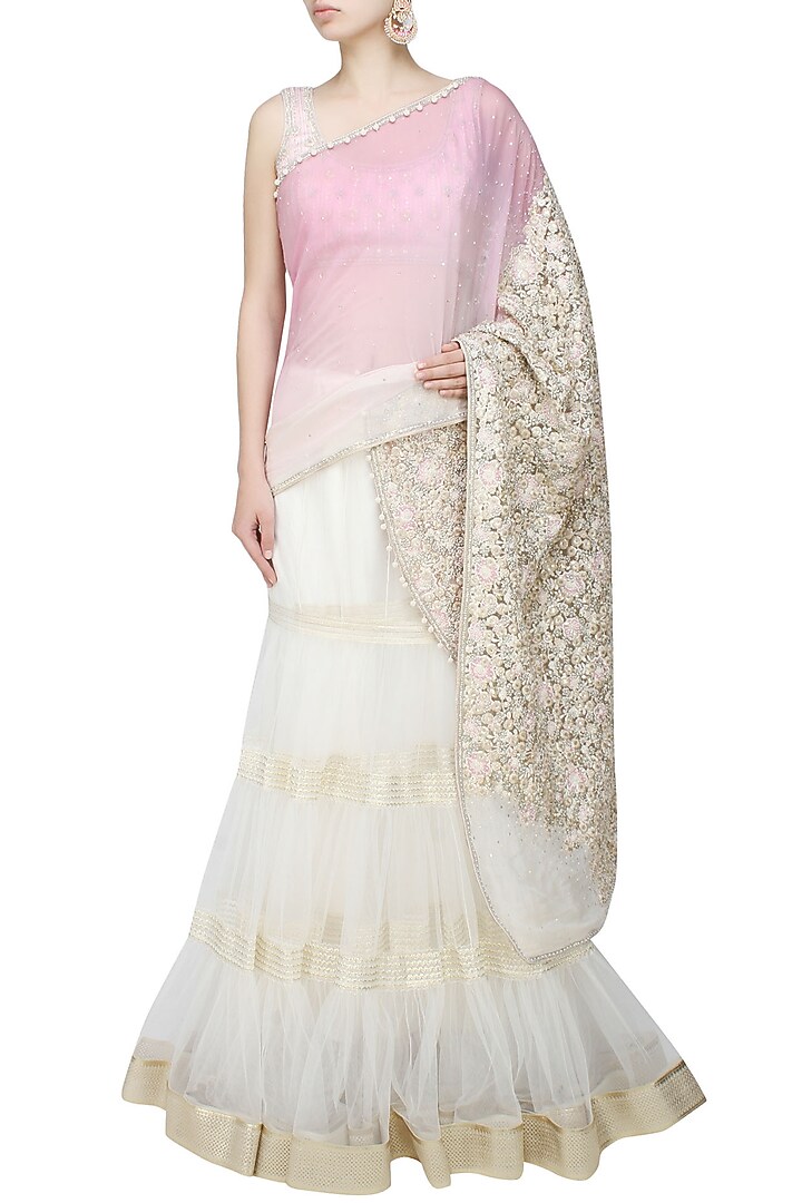 Ivory and pink fully embroidered net tier lehenga saree available only at Pernia's Pop Up Shop.