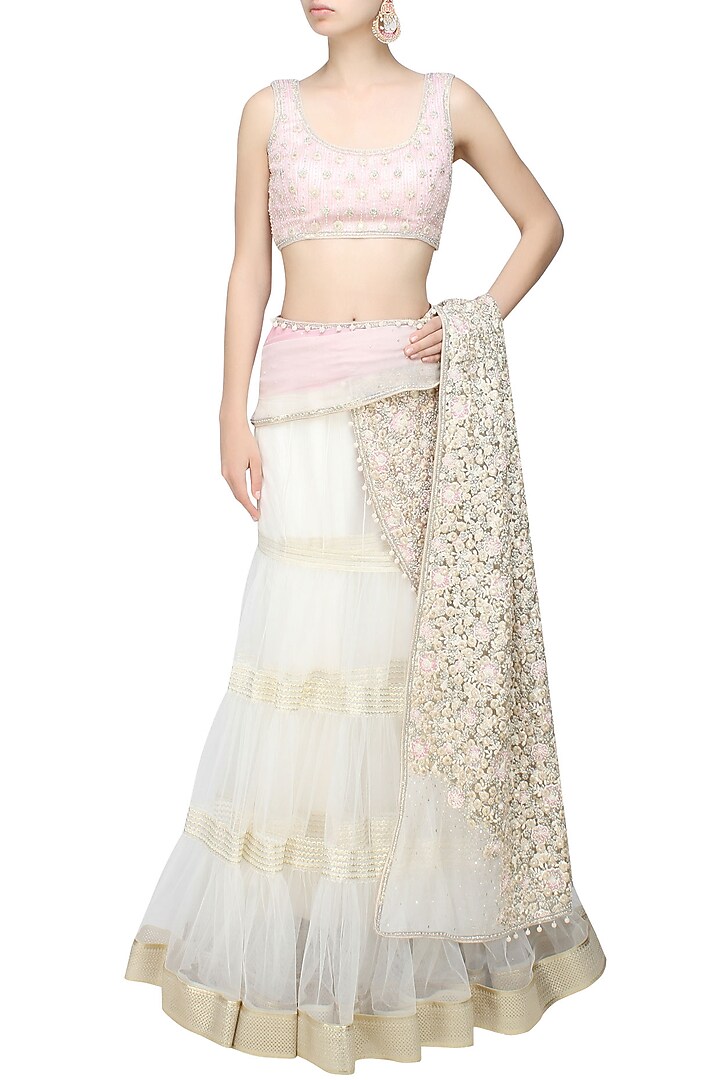 Ivory and pink fully embroidered net tier lehenga saree available only at Pernia's Pop Up Shop.