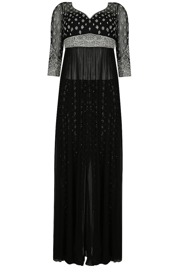 Black and silver embroiodered gown with fully embellished trousers by Rabani & Rakha