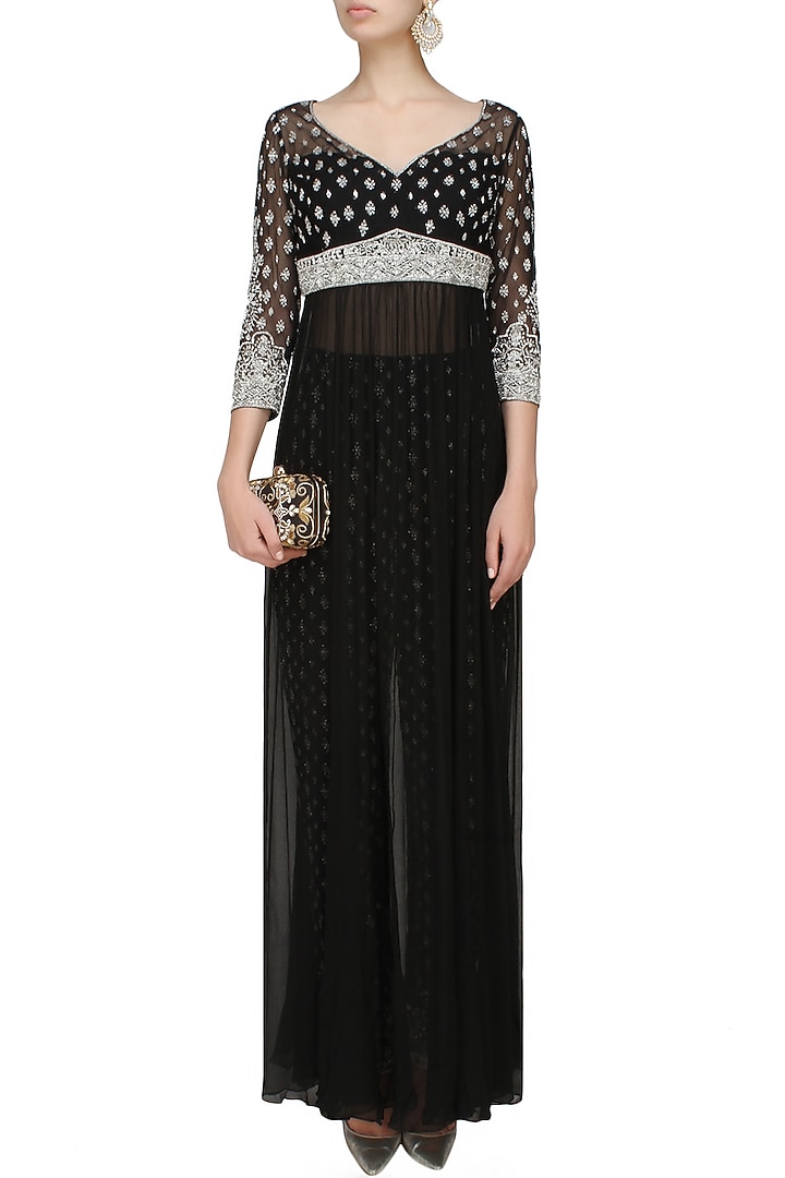 Black and silver embroiodered gown with fully embellished trousers available only at Pernia's Pop Up Shop.
