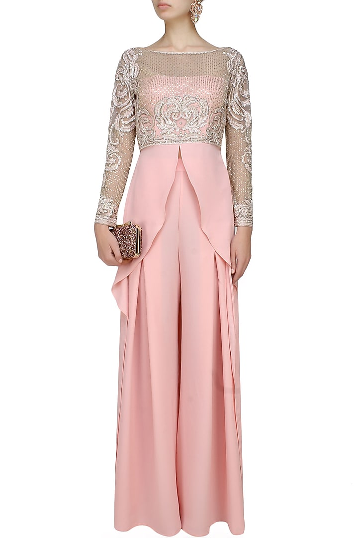 Blush pink embroidered drape top with pink palazzos available only at Pernia's Pop Up Shop.