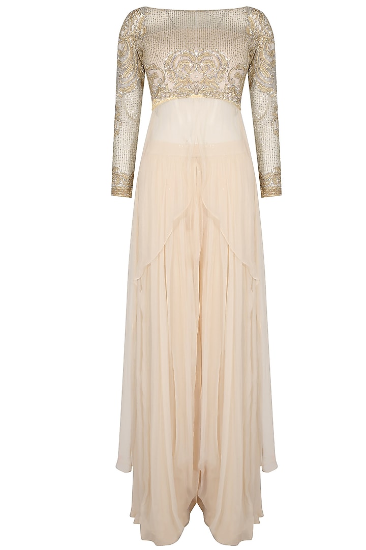 Ivory embroidered drape top with ivory pleated trousers by Rabani & Rakha