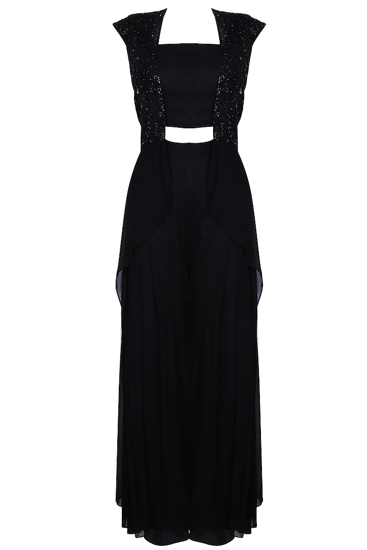 Black embroidered bolero with drape and palazzos available only at Pernia's Pop Up Shop.