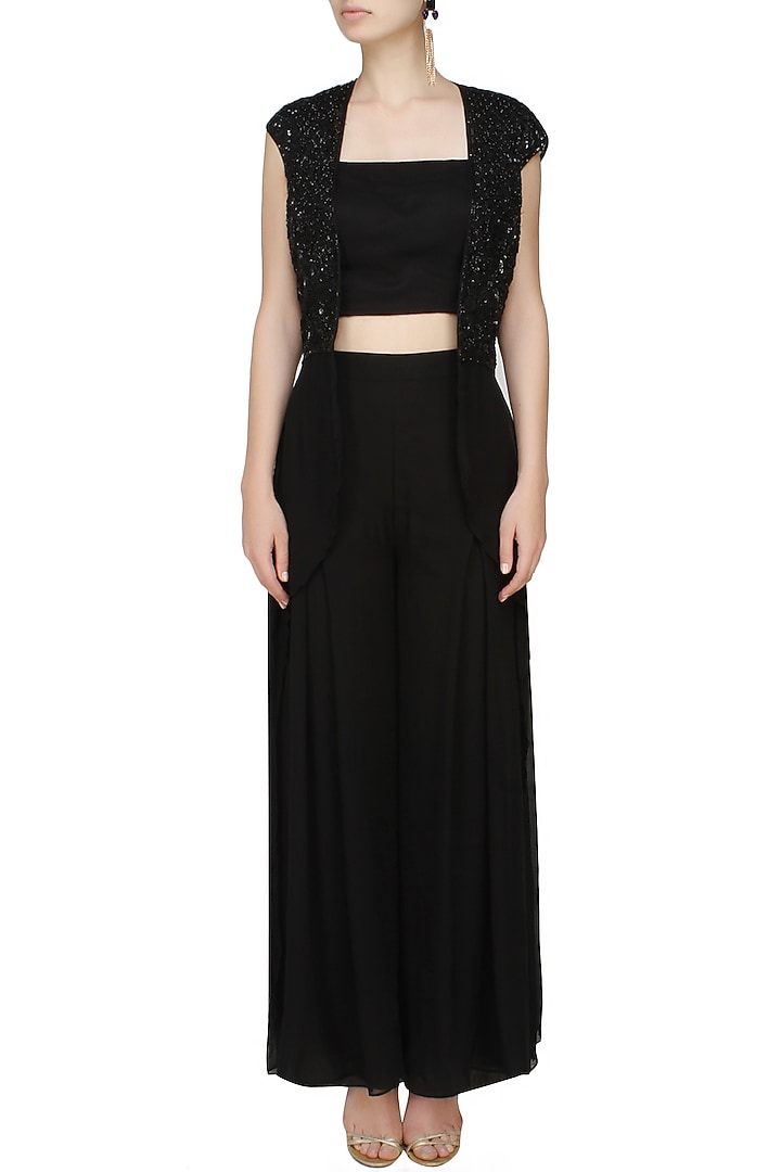Black embroidered bolero with drape and palazzos available only at Pernia's Pop Up Shop.